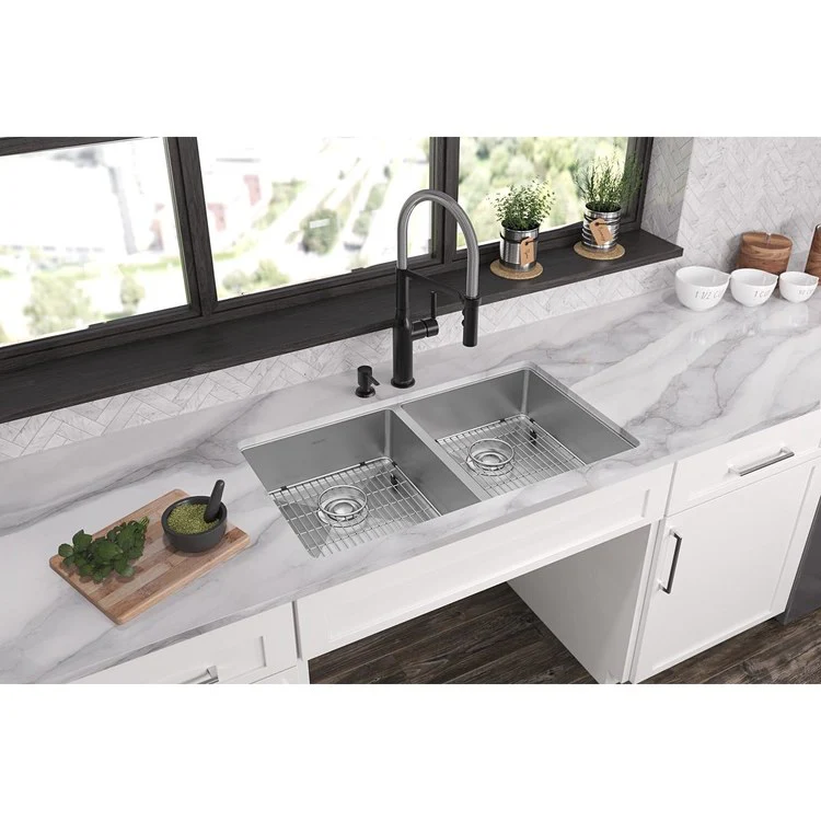 Kitchen Sink Crosstown 33 x 22 Inch Double Bowl Equal Kit 2 Hole ADA Polished Satin Drop-In Undermount Rectangle Drain Location Rear Center Depth 6 Inch Sound Guard Slim Rim - Frankwebs