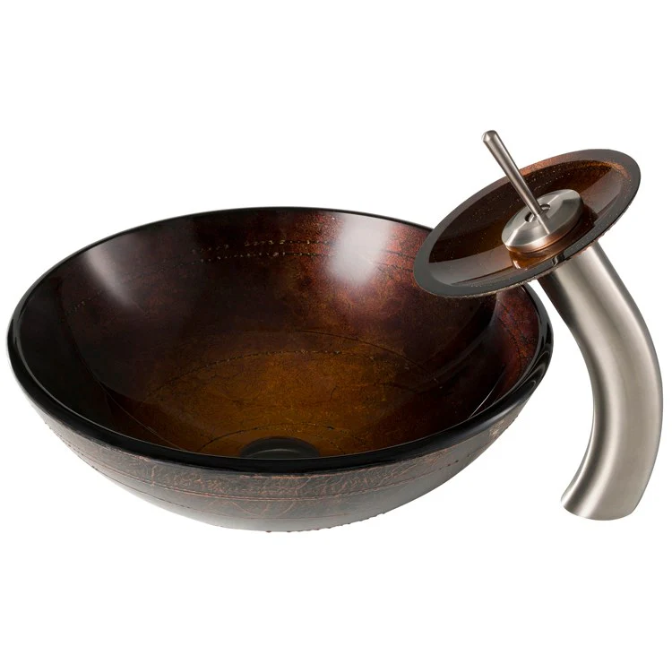 Copper Brown Glass Bathroom Vessel Sink and Waterfall Faucet Combo Set with Disk and Pop-Up Drain - Frankwebs