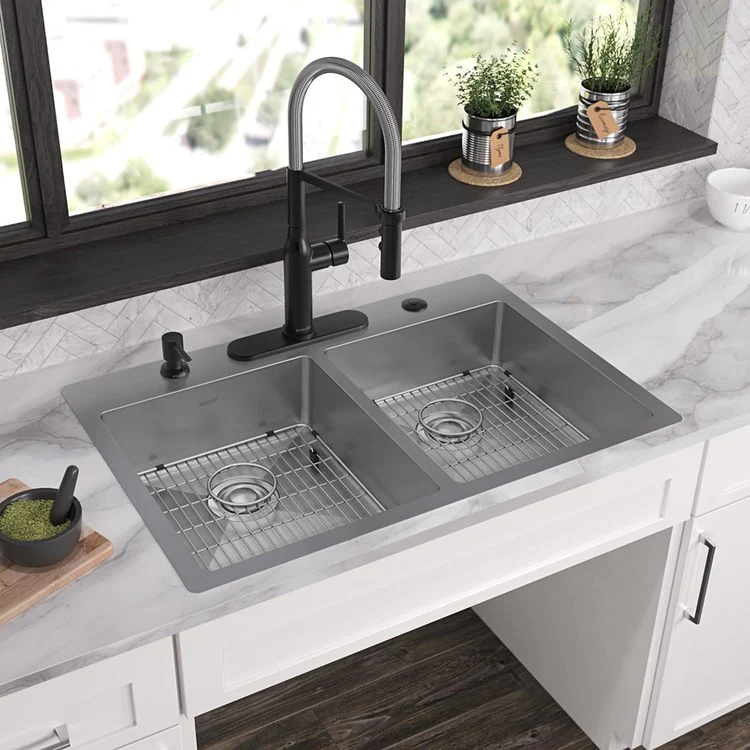 Kitchen Sink Crosstown 33 x 22 Inch Double Bowl Equal Kit 5 Hole ADA Polished Satin Drop-In Undermount Rectangle Drain Location Rear Center Depth 6 Inch Sound Guard Slim Rim - Frankwebs