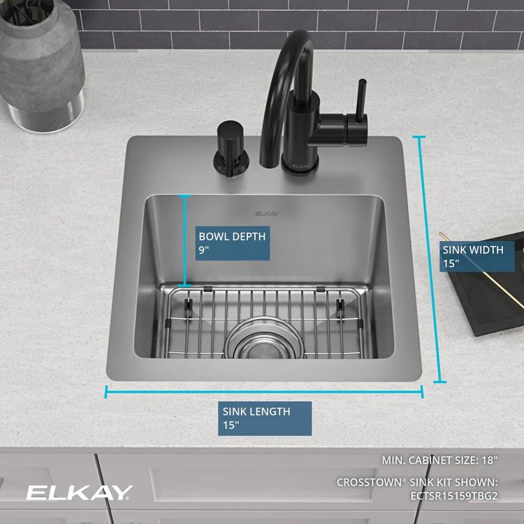 Bar Sink Crosstown 15 x 15 Inch Single Bowl Dual Mount Kit 2 Hole Polished Satin Drop-In Undermount Square Drain Size 3-1/2 Inch - Frankwebs
