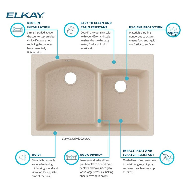 Kitchen Sink Quartz Classic 33 x 22 Inch Double Bowl Offset 60/40 with Aqua Divide Bisque Drop-In - Frankwebs