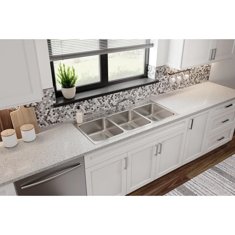 Kitchen Sink Lustertone Classic 46 x 22 Inch Triple Bowl 3 Hole Lustrous Satin Drop-In Drain Location Center Bottom Only Pads - Frankwebs