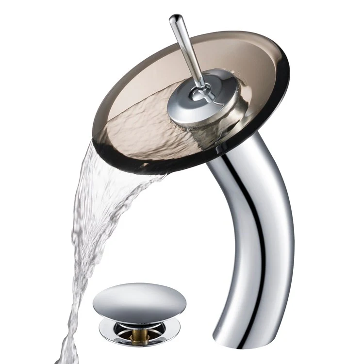 Tall Waterfall Bathroom Faucet for Vessel Sink with Clear Brown Glass Disk and Pop-Up Drain - Frankwebs