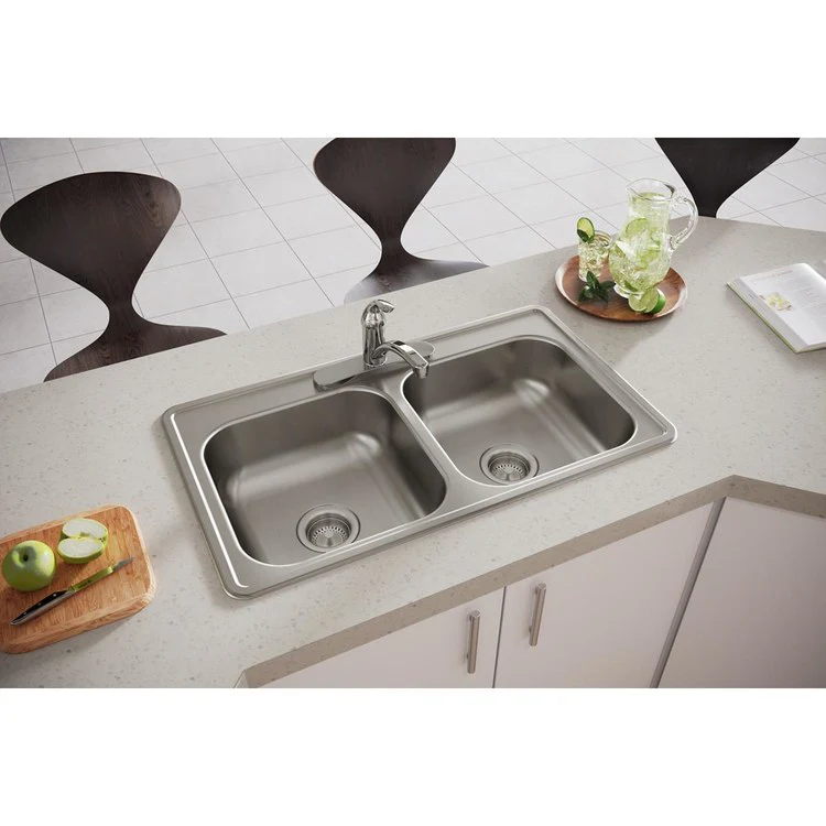 Kitchen Sink Dayton 33 x 19 Inch Double Bowl Equal 3 Hole ADA Satin Drop-In Rectangle Drain Location Center Depth 6-4/9 Inch Bottom Only Pads - Frankwebs