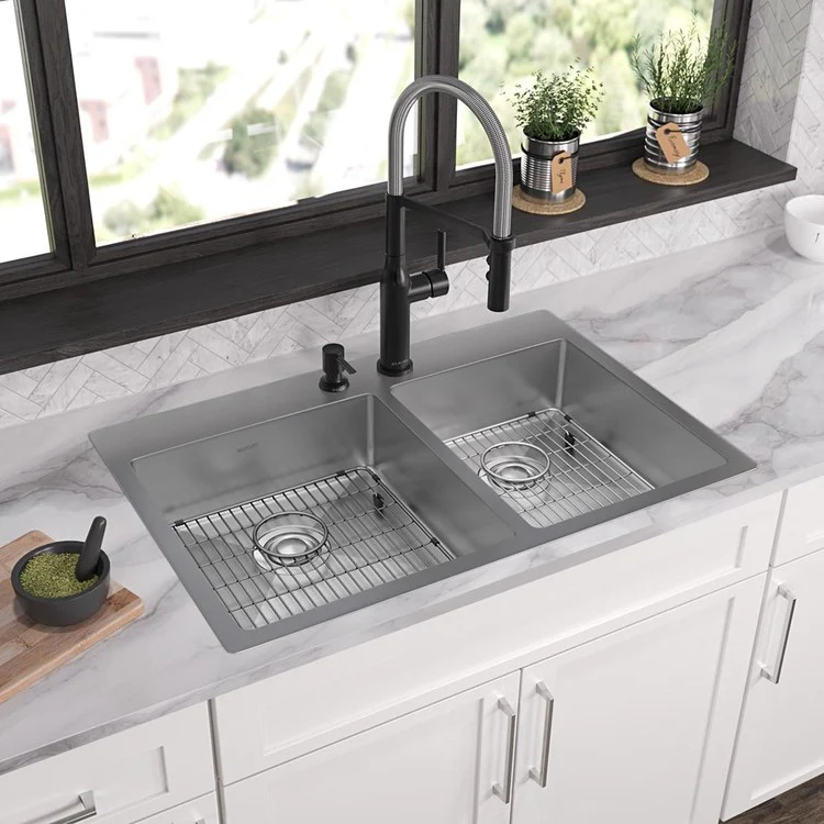 Kitchen Sink Crosstown 33 x 22 Inch Double Bowl 60/40 Kit 2 Hole Polished Satin Drop-In Undermount - Frankwebs