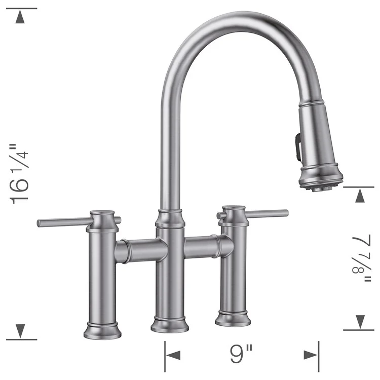 Empressa Two Handle Bridge Kitchen Faucet with Pull Down Sprayer - Stainless Steel - Frankwebs