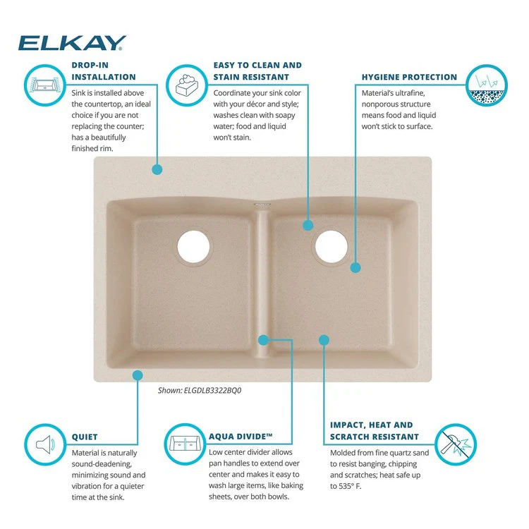 Kitchen Sink Quartz Classic 33 x 22 Inch Double Bowl Equal with Aqua Divide Bisque Drop-In - Frankwebs