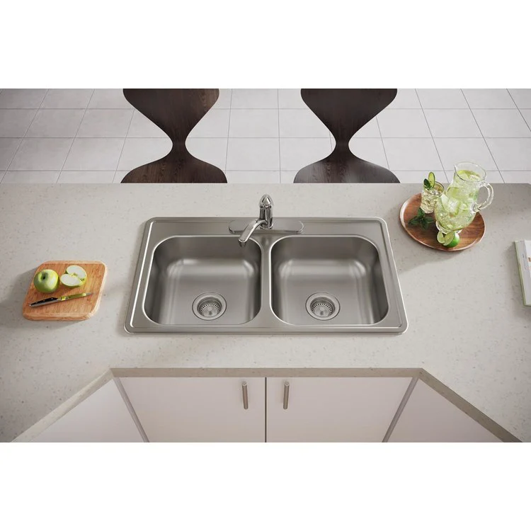 Kitchen Sink Dayton 33 x 19 Inch Double Bowl Equal 3 Hole ADA Satin Drop-In Rectangle Drain Location Center Depth 6-4/9 Inch Bottom Only Pads - Frankwebs