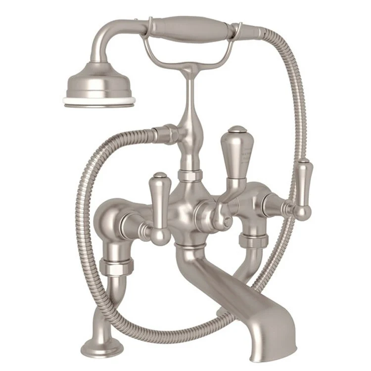 Tub Filler Georgian Era Exposed Deck Mount with Handshower 3 Lever Fixed Spout Satin Nickel - Frankwebs