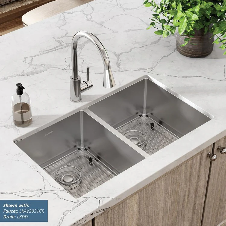 Sink Kit Crosstown 31.5 x 18.5 Inch Double Bowl Polished Satin Two Bottom Grids Two Deep Strainer Drains Cleanser Towel - Frankwebs