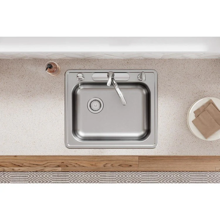 Kitchen Sink Dayton 25 x 21.25 Inch Single Bowl 5 Hole ADA Satin Drop-In Rectangle Drain Location Rear Left Depth 5-3/8 Inch Bottom Only Pads - Frankwebs