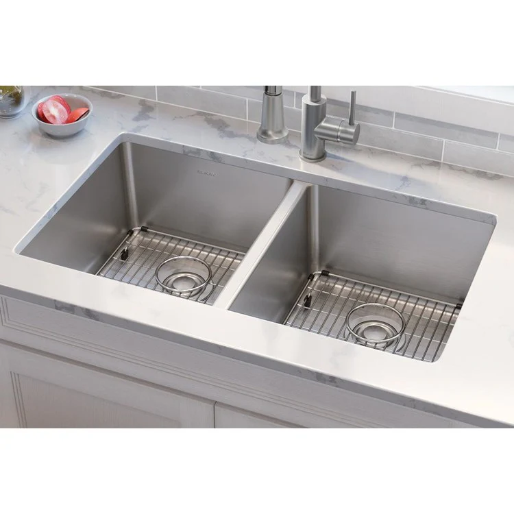 Sink Kit Lustertone Iconix 32.75 x 19.5 Inch Double Bowl Luminous Satin Two EBG1315 Bottom Grids Two LKDD Drain and Strainers - Frankwebs