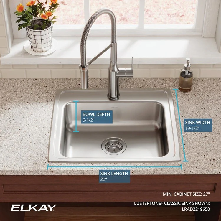 Kitchen Sink Lustertone Classic 22 x 19.5 Inch Single Bowl ADA Lustrous Satin Drop-In Rectangle Drain Location Rear Center Depth 6-1/2 Inch Bottom Only Pads - Frankwebs