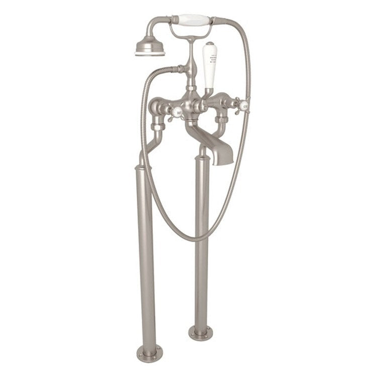 Tub Filler Edwardian Exposed Floor Mount with Handshower 7-7/8 Inch Spread 3 Cross/Lever Polished Nickel - Frankwebs