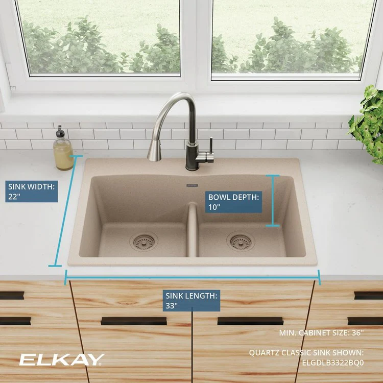 Kitchen Sink Quartz Classic 33 x 22 Inch Double Bowl Equal with Aqua Divide Bisque Drop-In - Frankwebs