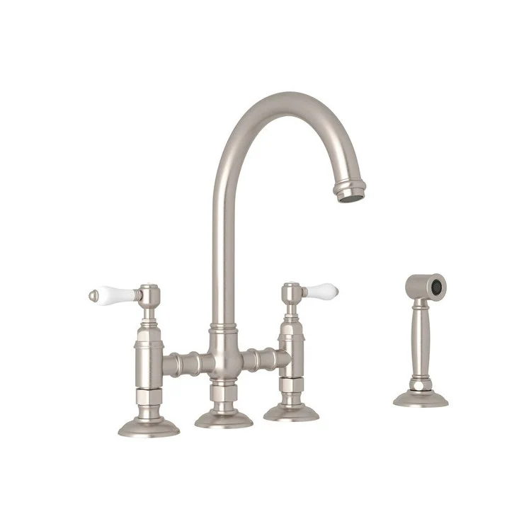 Kitchen Faucet San Julio with Sidespray 2 Porcelain Lever Polished Nickel Column Spout Three Leg Bridge 1.5 Gallons per Minute - Frankwebs