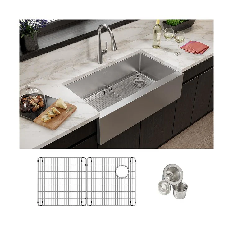 Sink Kit Crosstown Farmhouse 35.875 x 20.25 Inch Single Bowl Polished Satin Bottom Grid Strainer Drain - Frankwebs