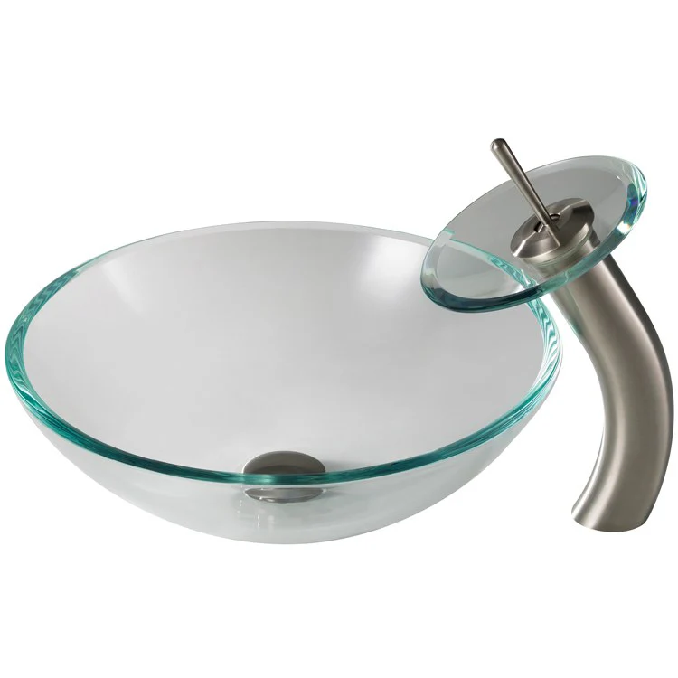 Crystal Clear Glass Bathroom Vessel Sink and Waterfall Faucet Combo Set with Disk and Pop-Up Drain - Frankwebs