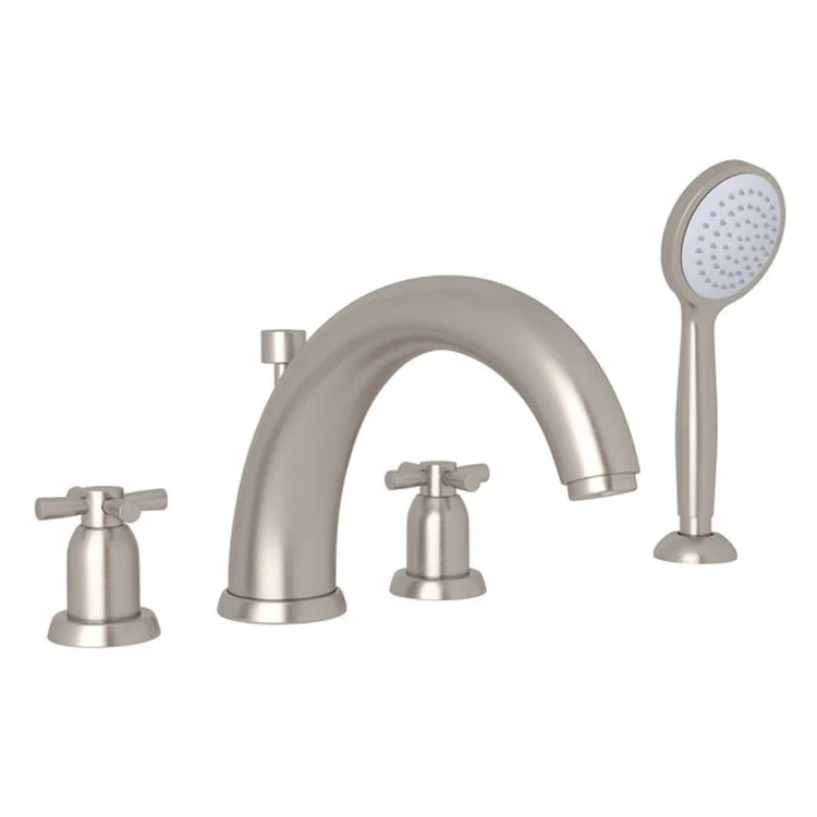 Tub Filler Holborn Deck Mount with Handshower 2 Cross Modified C-Spout Satin Nickel - Frankwebs