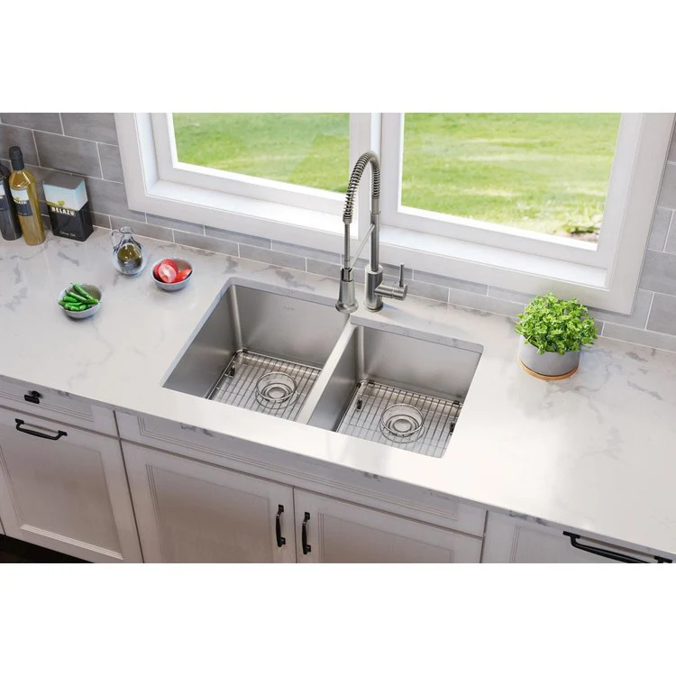 Sink Kit Lustertone Iconix Right Small Bowl 31.25 x 20.5 Inch Double Bowl Luminous Satin One EBG1216 Bottom Grid One EBG1214 Bottom Grid Two LKDD Drain and Strainers - Frankwebs