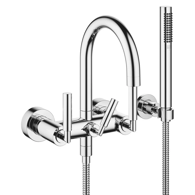 Tub Filler TARA Mixer for Wall Mount with Handshower 5-7/8 Inch Spread 3 Lever Chrome - Frankwebs