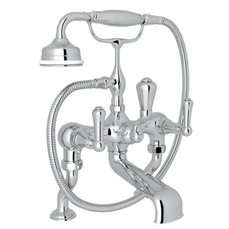 Tub Filler Georgian Era Exposed Deck Mount with Handshower 3 Lever Fixed Spout Polished Chrome - Frankwebs