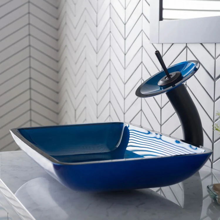 Rectangular Blue Glass Bathroom Vessel Sink - Frankwebs