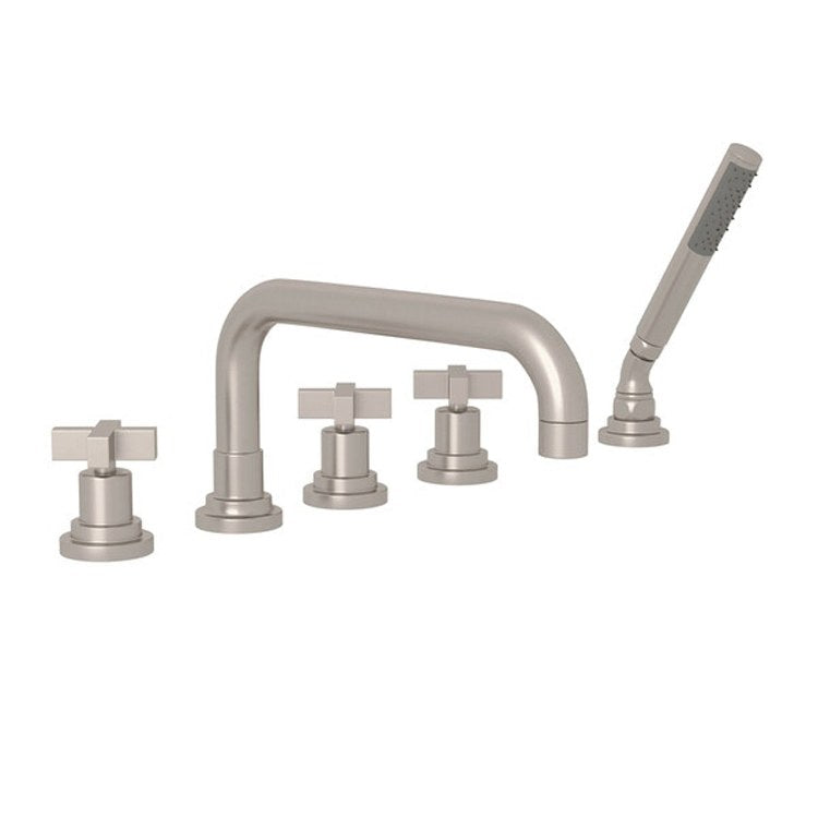 Tub Filler Lombardia Deck Mount with Handshower 3 Cross U-Spout Unlacquered Brass - Frankwebs