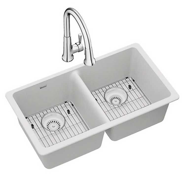 Kitchen Sink Quartz Classic 33 x 18.5 Inch Double Bowl Equal Kit with Faucet Mocha Undermount - Frankwebs