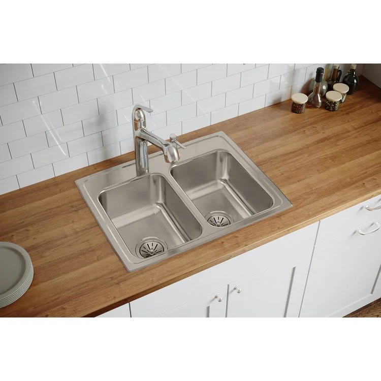 Kitchen Sink Lustertone Classic 25 x 19.5 Inch Double Bowl Equal 2 Hole Lustrous Satin Drop-In Stainless Steel Drain Location Center Bottom Only Pads - Frankwebs