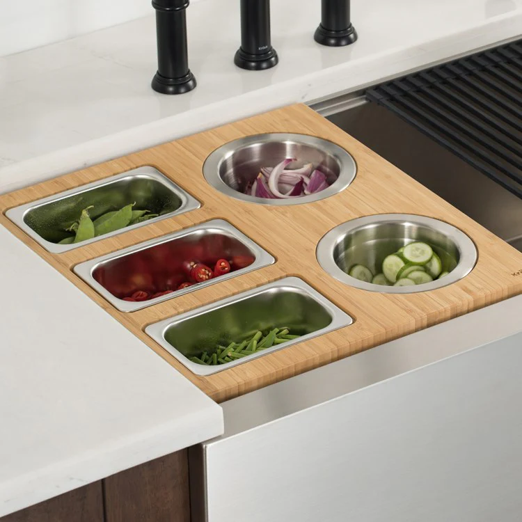 Workstation Kitchen Sink Serving Board Set with Stainless Steel Bowls - Frankwebs