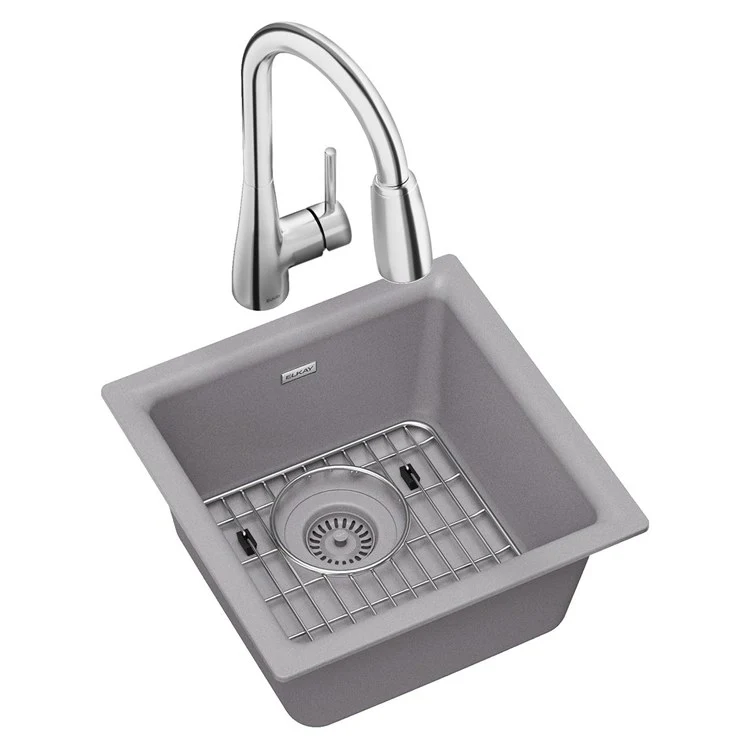 Kitchen Sink Quartz Classic 16 x 16 Inch Single Bowl Bar Kit with Faucet Greystone Drop-In Undermount - Frankwebs