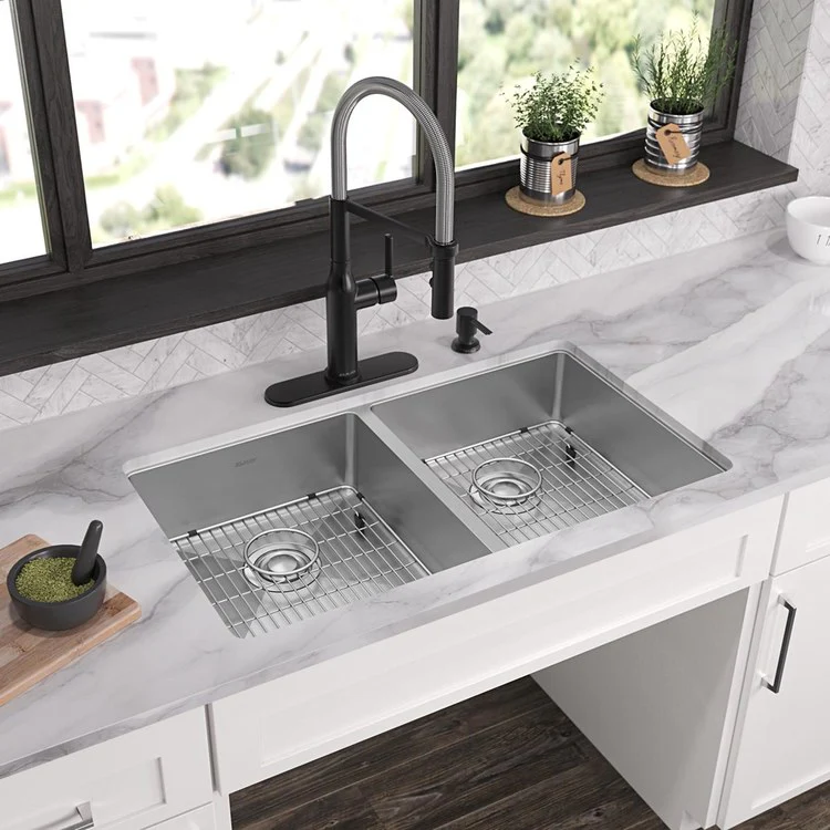 Kitchen Sink Crosstown 33 x 22 Inch Double Bowl Equal Kit 4 Hole ADA Polished Satin Drop-In Undermount Rectangle Drain Location Rear Center Depth 6 Inch Sound Guard Slim Rim - Frankwebs