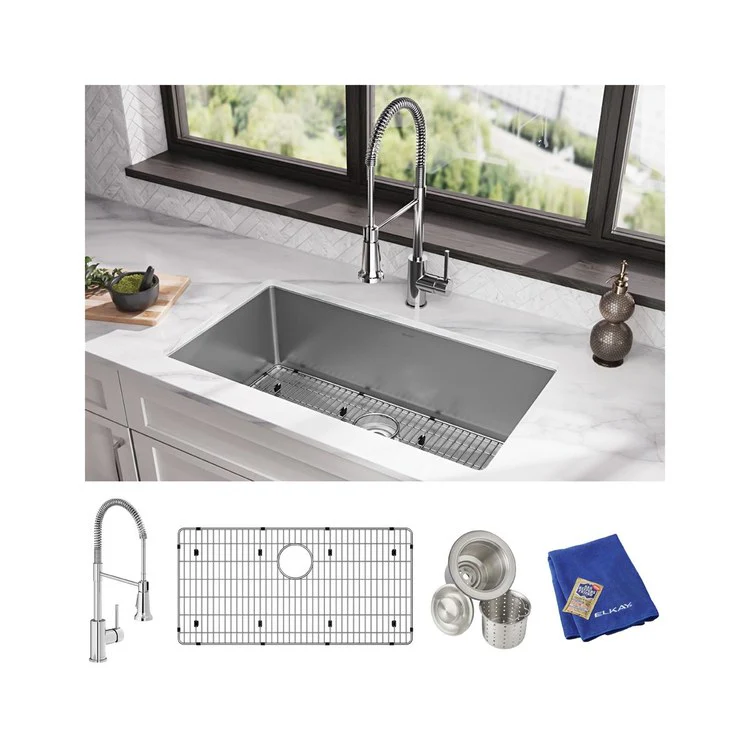 Kitchen Sink Crosstown 32.5 x 18 Inch Single Bowl Kit with Faucet 1 Hole Polished Satin Undermount - Frankwebs