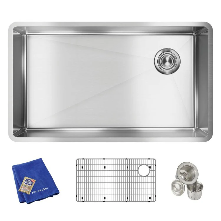 Sink Kit Crosstown 31.5 x 18.5 Inch Single Bowl Polished Satin Bottom Grid Deep Strainer Drain Cleanser Towel - Frankwebs