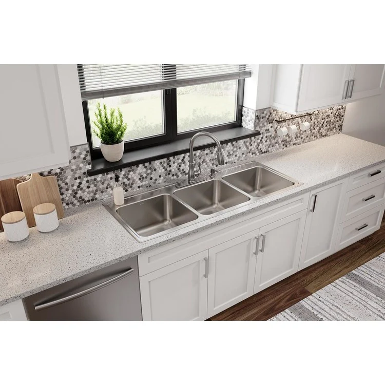 Kitchen Sink Lustertone Classic 54 x 22 Inch Triple Bowl 4 Hole Lustrous Satin Drop-In Drain Location Center Bottom Only Pads - Frankwebs