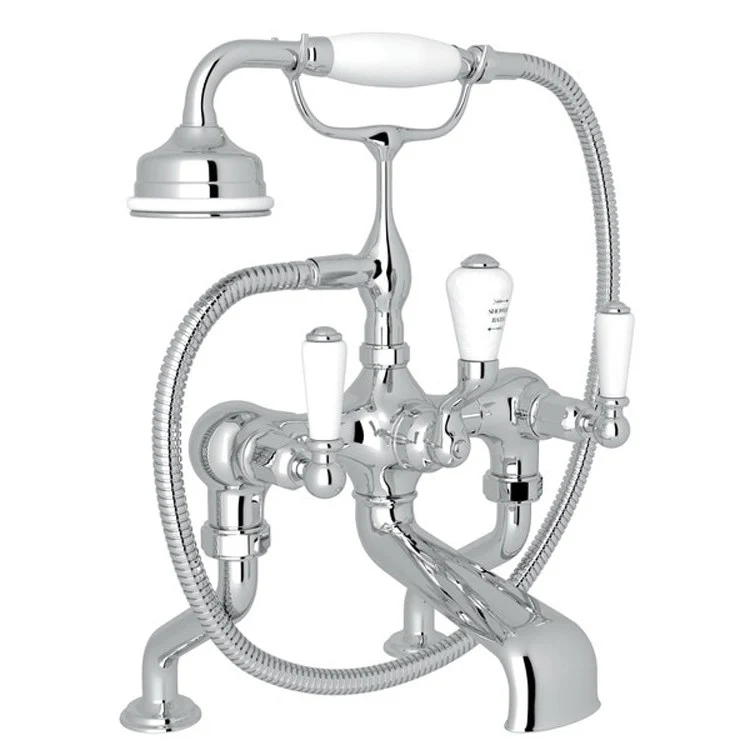 Tub Filler Edwardian Exposed Deck Mount with Handshower 6-10 Inch Spread 3 Lever Fixed Spout Polished Chrome - Frankwebs