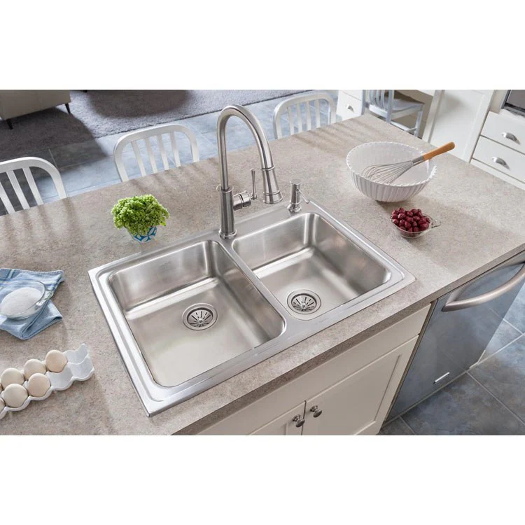 Kitchen Sink Lustertone Classic 33 x 22 Inch Double Bowl 1 Hole Lustrous Highlighted Satin Top Mount Stainless Steel Drain Location Center Rear Drain Location Center Sound Guard - Frankwebs