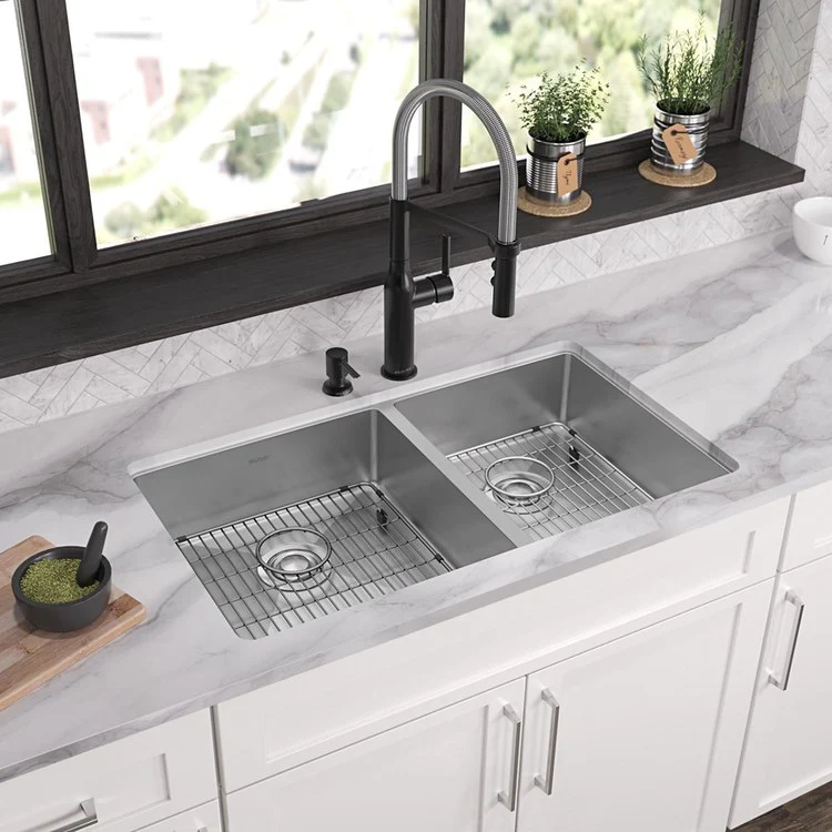Kitchen Sink Crosstown 33 x 22 Inch Double Bowl 60/40 Kit 2 Hole Polished Satin Drop-In Undermount - Frankwebs