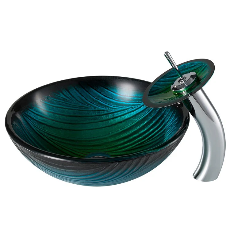 Nature Series Green Glass Bathroom Vessel Sink and Waterfall Faucet Combo Set with Disk and Pop-Up Drain - Frankwebs