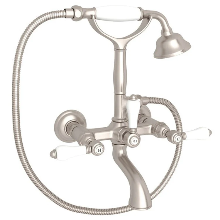Tub Filler Wall Mount with Handshower 3 Porcelain Lever Exposed Spout Satin Nickel - Frankwebs