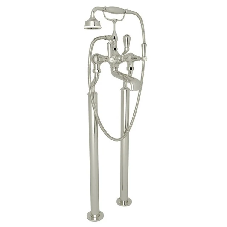 Tub Filler Georgian Era Exposed Floor Mount with Handshower 8 Inch Spread 3 White Porcelain Lever Polished Nickel - Frankwebs