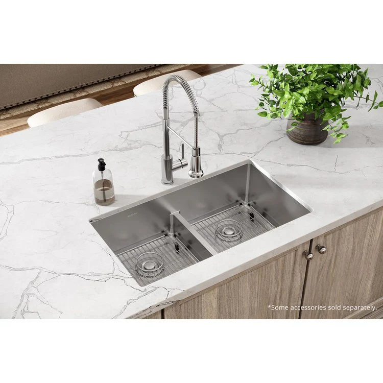 Kitchen Sink Crosstown 33 x 22 Inch Double Bowl Equal Kit with Aqua Divide 1 Hole Polished Satin Drop-In Undermount - Frankwebs