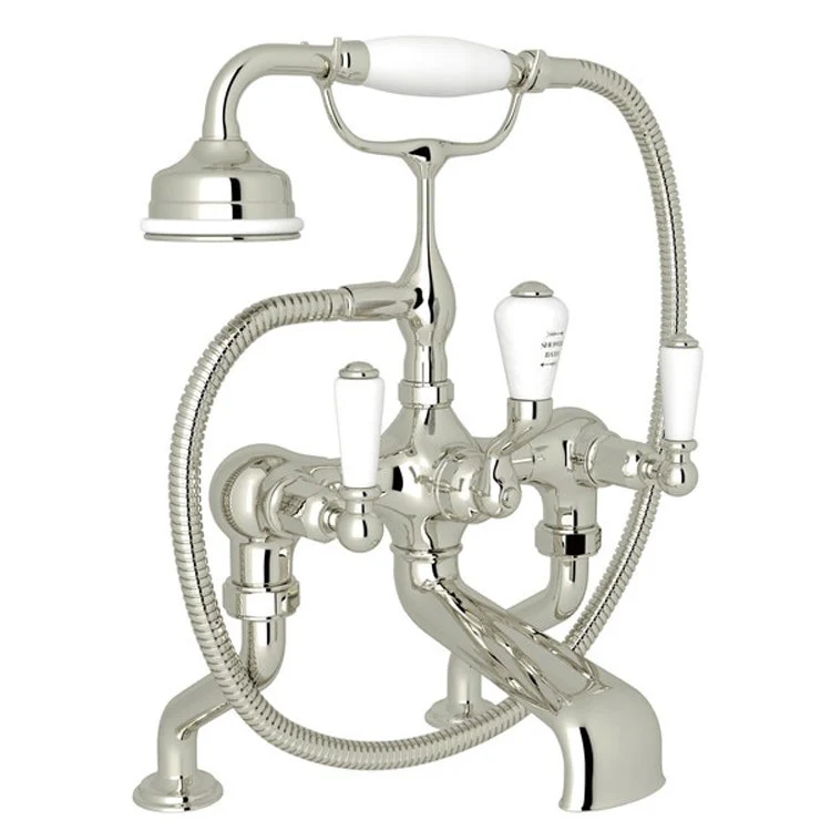 Tub Filler Edwardian Exposed Deck Mount with Handshower 6-10 Inch Spread 3 Lever Fixed Spout Polished Chrome - Frankwebs