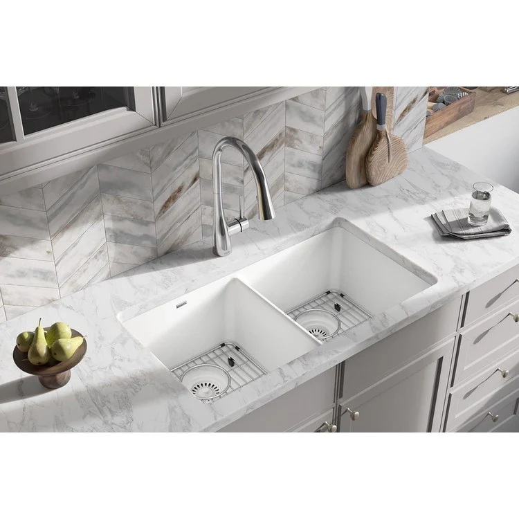 Sink Kit Quartz Classic Equal 33 x 18.5 Inch Double Bowl White Two Bottom Grids Two Drains Cleaning Kit - Frankwebs