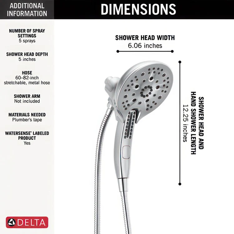 Handshower Combination In2ition Universal Showering Components H2Okinetic 2-In-1 Lumicoat Chrome WaterSense ADA 5 Function 6-1/16 Inch Includes 60-82 Inch Stretchable Metal Hose - Frankwebs