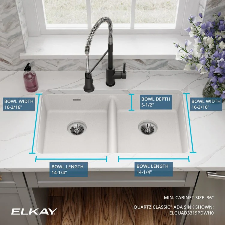 Kitchen Sink Quartz Classic 33 x 18.5 Inch Double Bowl Perfect Drain ADA White Undermount Rectangle Drain Location Rear Center Depth 5-1/2 Inch Naturally Sound Deadening Superior Heat Scratch Fade and Stain Resistance - Frankwebs