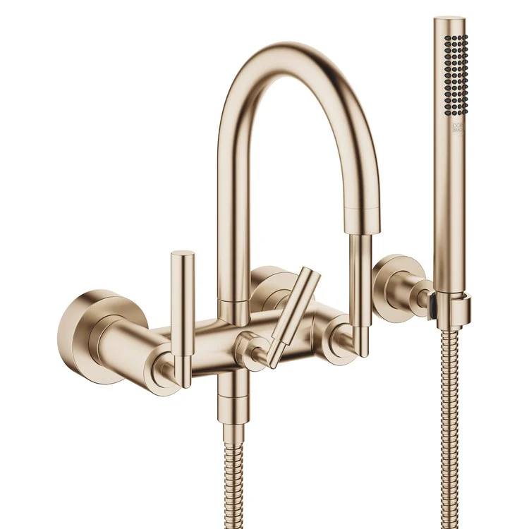 Tub Filler TARA Mixer for Wall Mount with Handshower 5-7/8 Inch Spread 3 Lever Brushed Champagne - Frankwebs