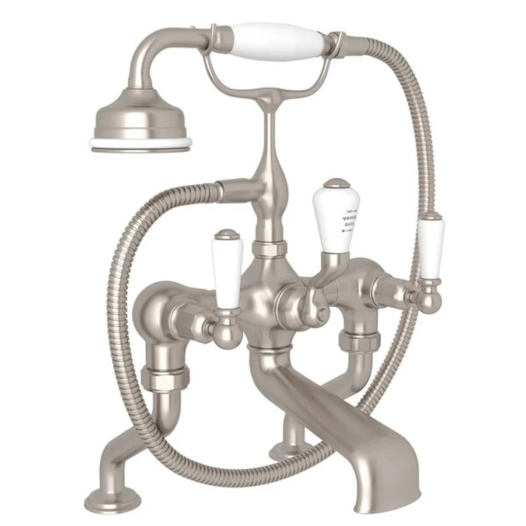 Tub Filler Edwardian Exposed Deck Mount with Handshower 6-10 Inch Spread 3 Lever Fixed Spout Polished Chrome - Frankwebs