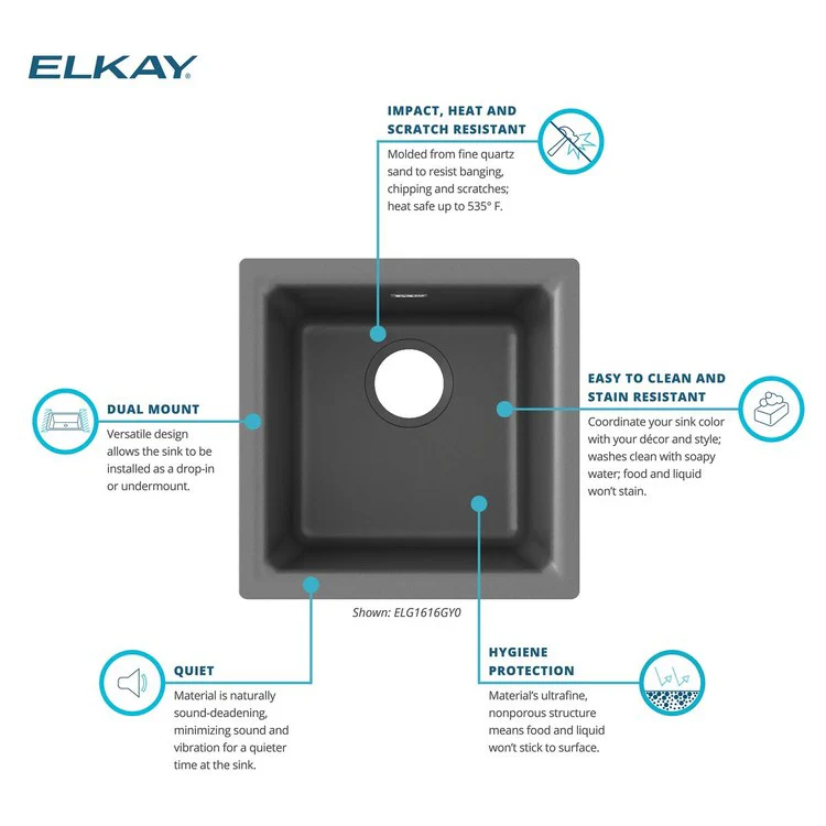 Kitchen Sink Quartz Classic 15.75 x 15.75 Inch Single Bowl Bar Dusk Gray Drop-In Undermount - Frankwebs